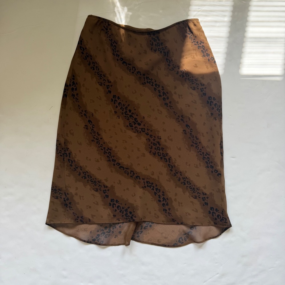 Express Vintage Y2K Brown Leopard Print Low Rise Midi Slip Skirt Lettuce Hem S